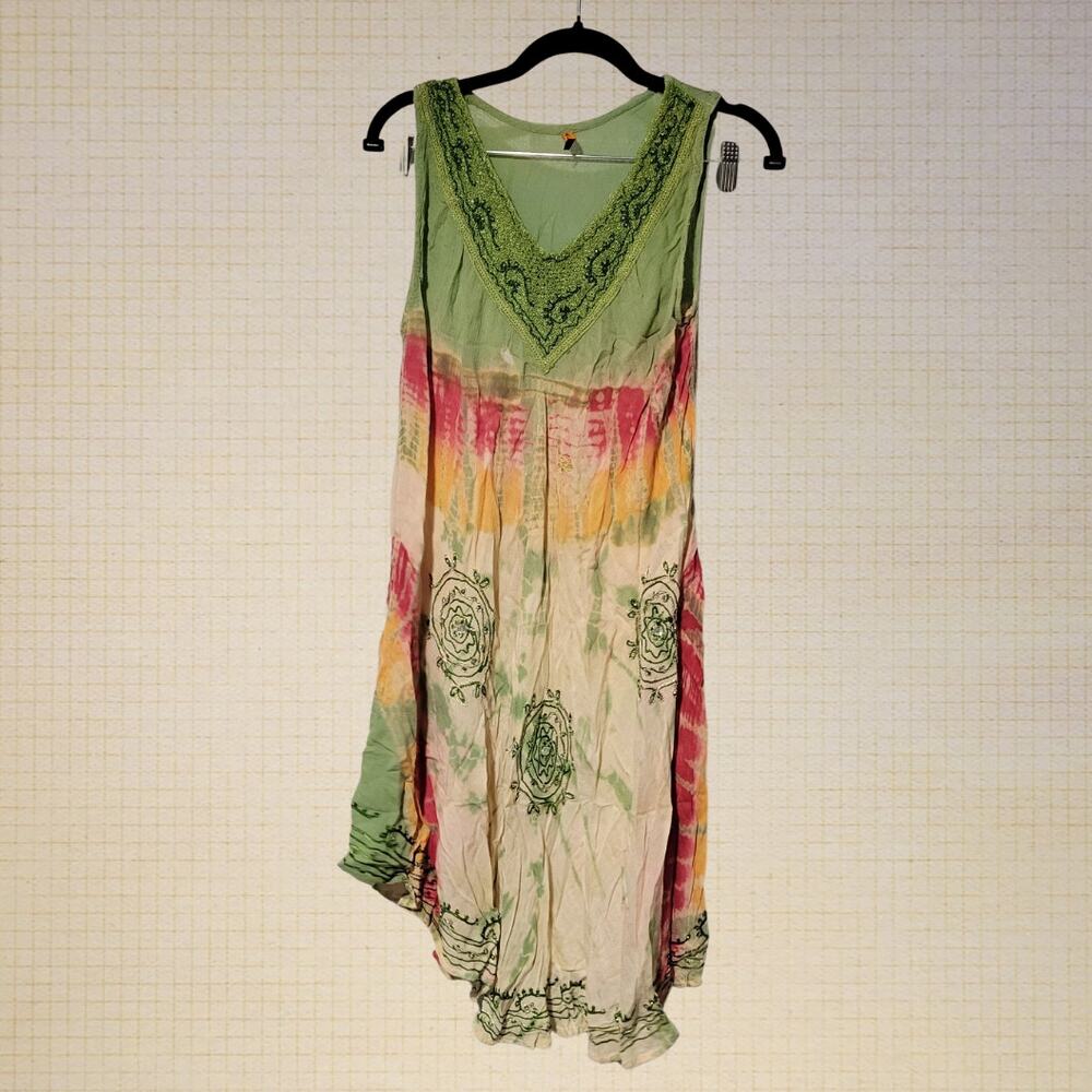 Boho Hippie 2000s Rebel Love Embroidered Tie Dye Sleeveless V-Neck Cover Up One-